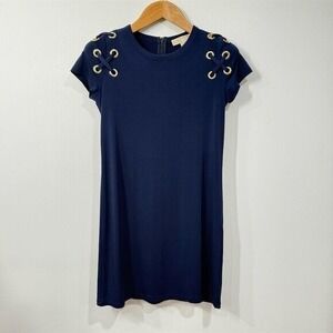 Michael‎ Kors Coastal Shift Dress Navy Lace-up Shoulder S Gold Grommet Nautical